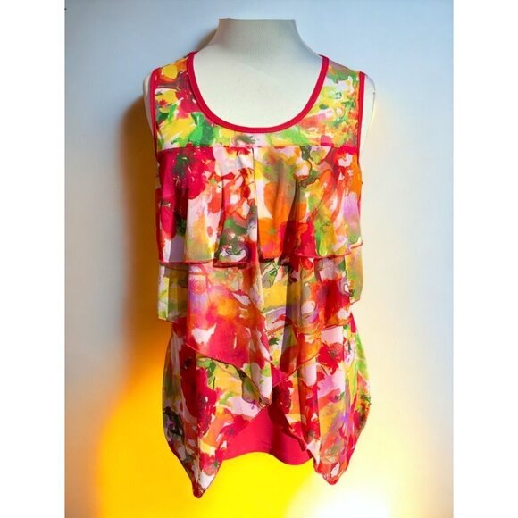 SUSAN LAWRENCE PINK SLEEVELESS HANDKERCHIEF SCOOP NECK FLORAL TUNIC SMALL - Picture 1 of 8